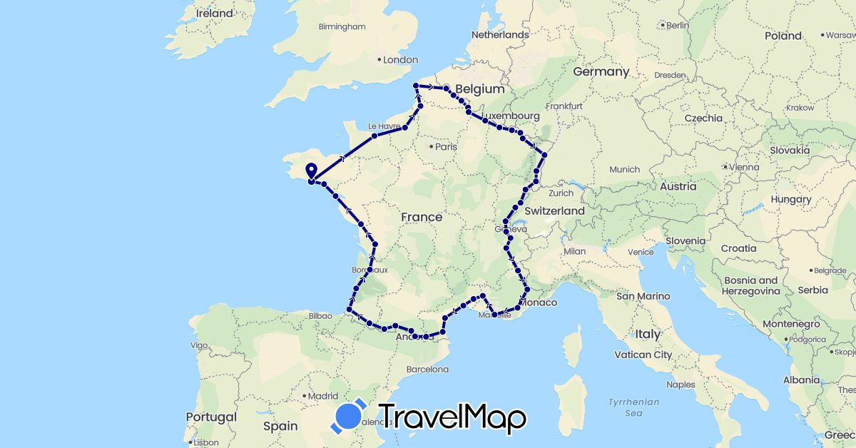 TravelMap itinerary: driving in Andorra, Spain, France (Europe)